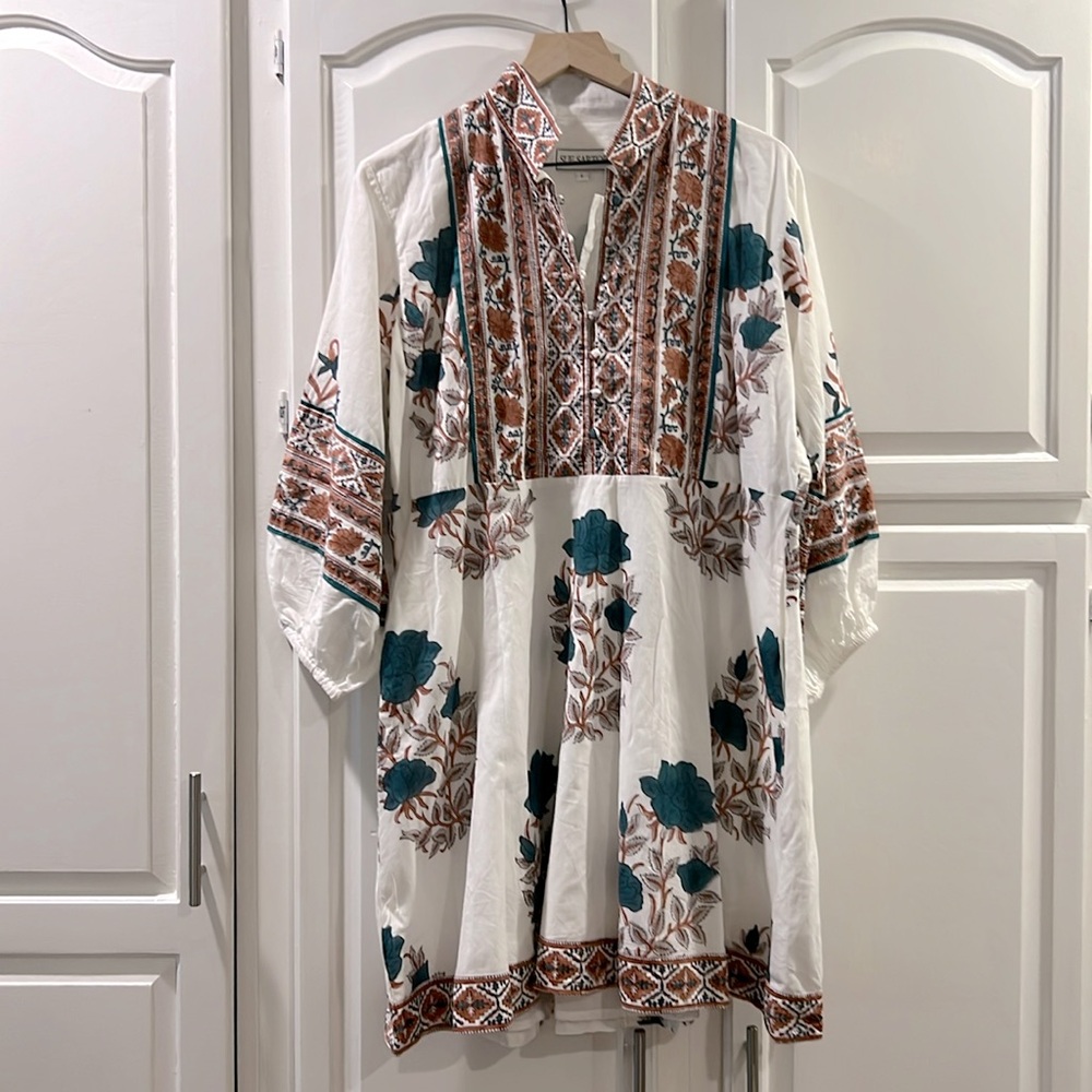 Sue Sarter dress, turquoise, white and brown print, knee length size L